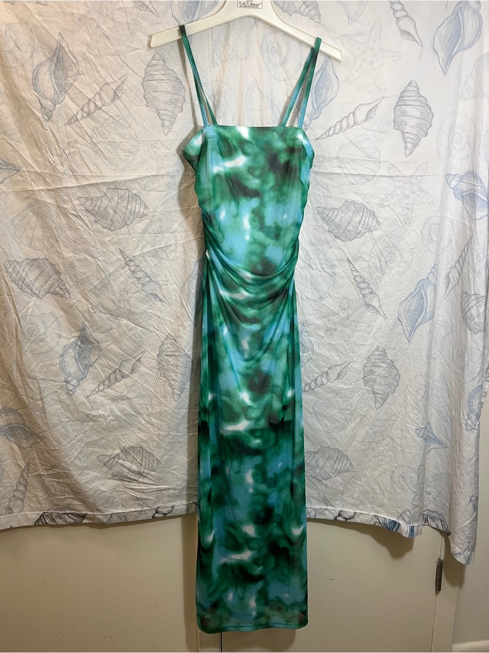Green Tie-Dye Maxi Slip Dress with Spaghetti Straps